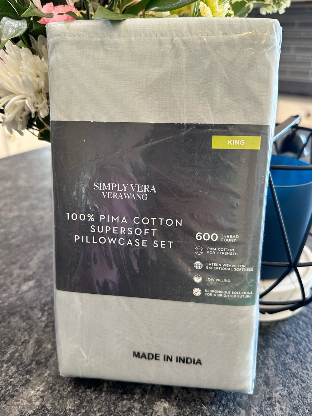 NWT🩶Simply Vera Wang Pima Cotton 600 Thread Count Pillowcase Set King Sea Glass